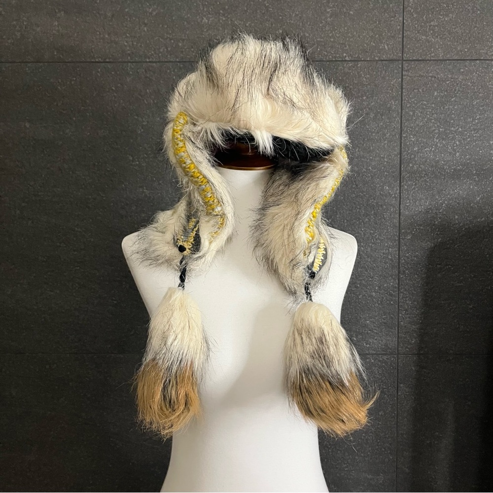 Grizzly Faux Fur Trapper Hat Yellow Gray Ivory - Picture 7 of 9